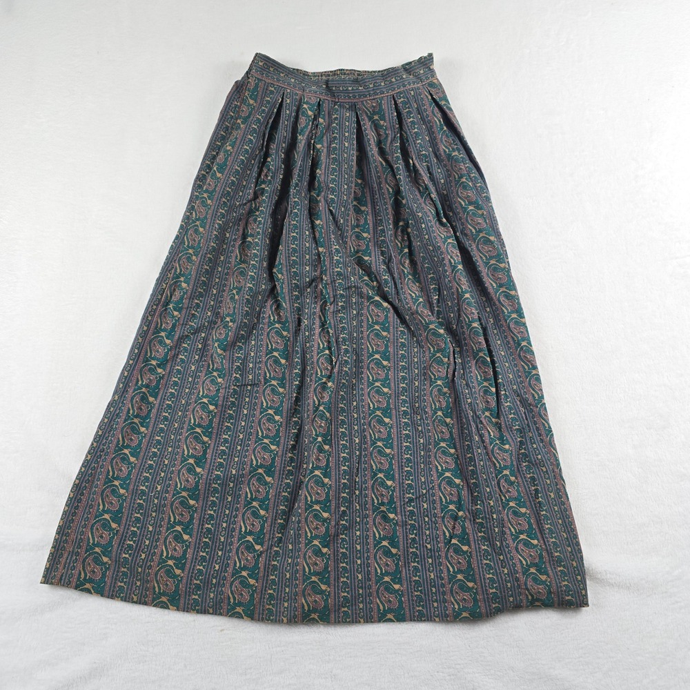 Vintage Russ Teal Purple Paisley Striped Pleated Midi Skirt Made in USA Size 8